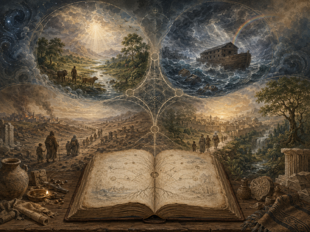 Editorial illustration of an open manuscript connecting four sacred narrative patterns: creation, flood, exile, and return.