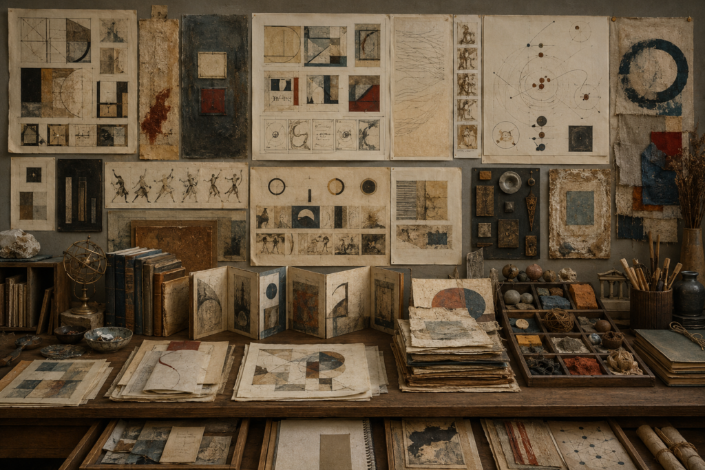 Scholarly archival studio wall and worktable with sketches, drafts, layered manuscripts, compositional studies, visual frames, folded study panels, abstract revision marks, craft materials, symbolic fragments, and interpretive diagrams representing creative form and meaning-making.
