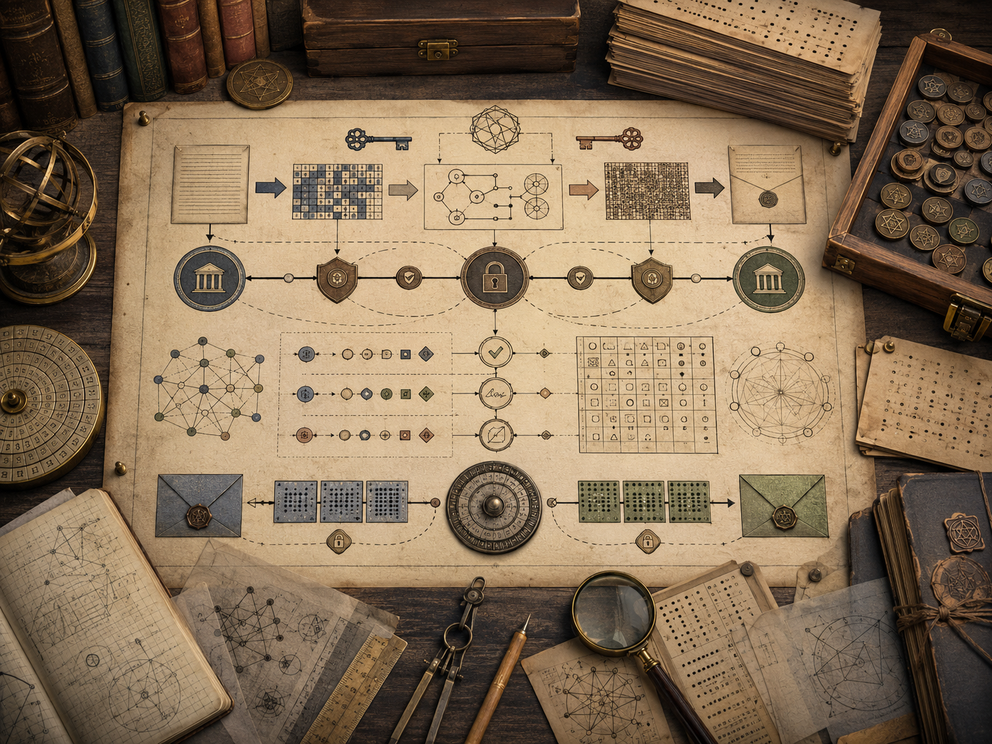 Scholarly editorial illustration of cryptographic algorithms and secure communication, showing keys, encrypted messages, public-key exchange, digital signatures, certificates, secure channels, verification records, protocol diagrams, audit trails, and governance review materials.