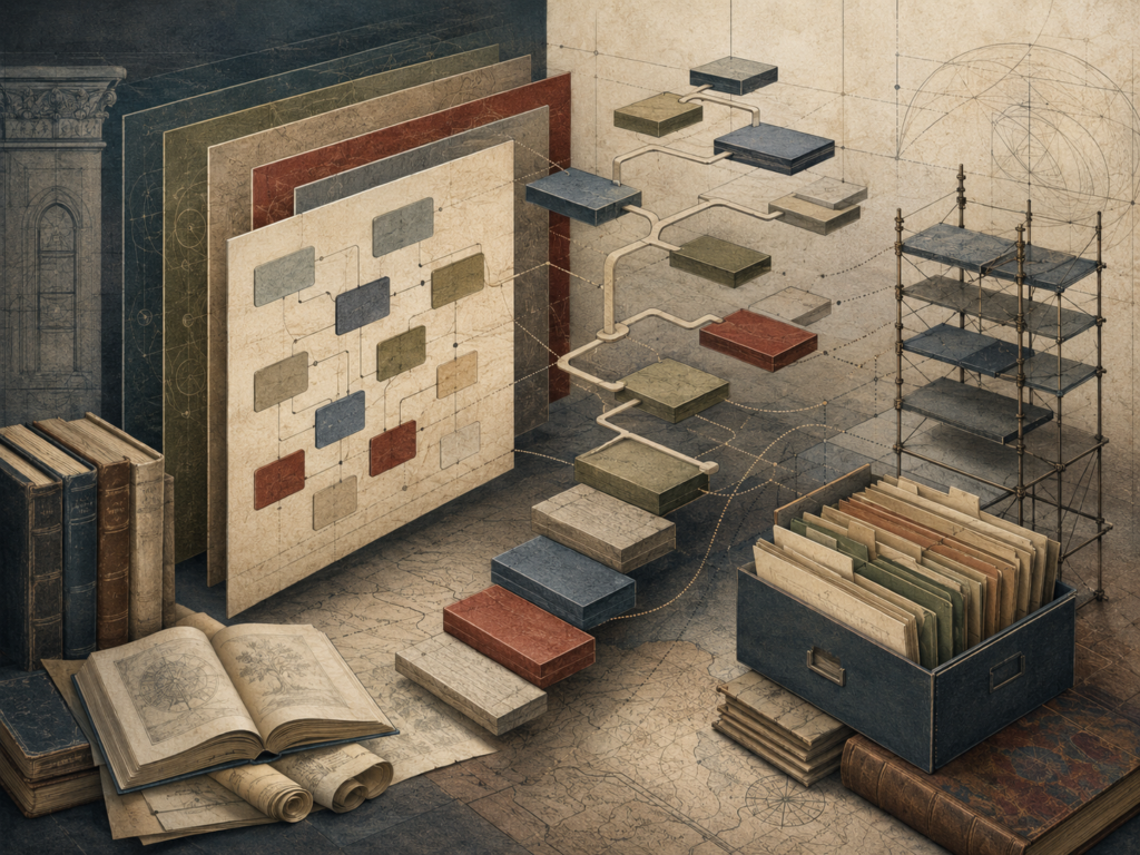 Abstract institutional illustration of curriculum pathways, layered framework panels, modular learning blocks, books, folders, and scaffold structures representing learning system design.