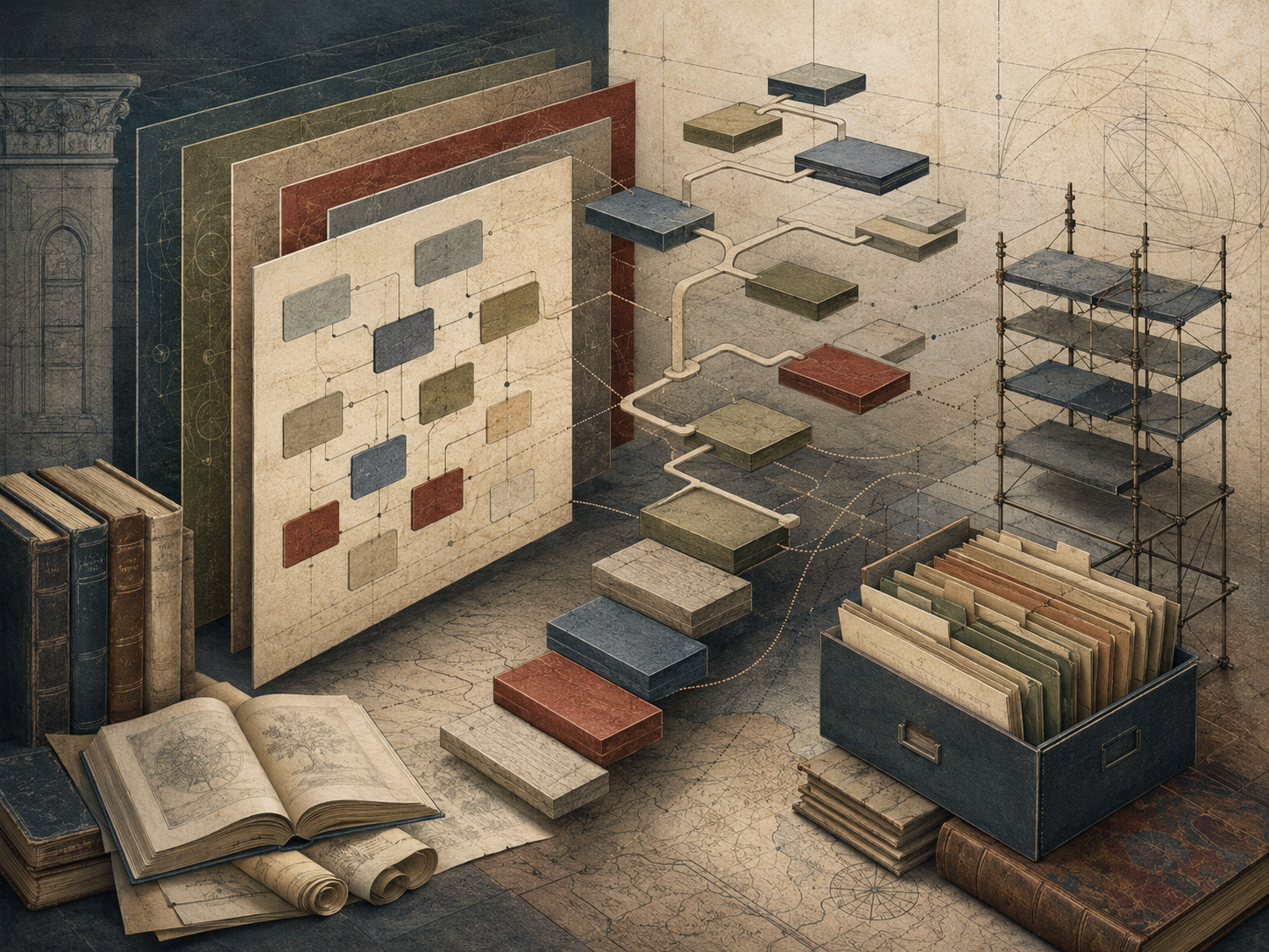 Abstract institutional illustration of curriculum pathways, layered framework panels, modular learning blocks, books, folders, and scaffold structures representing learning system design.