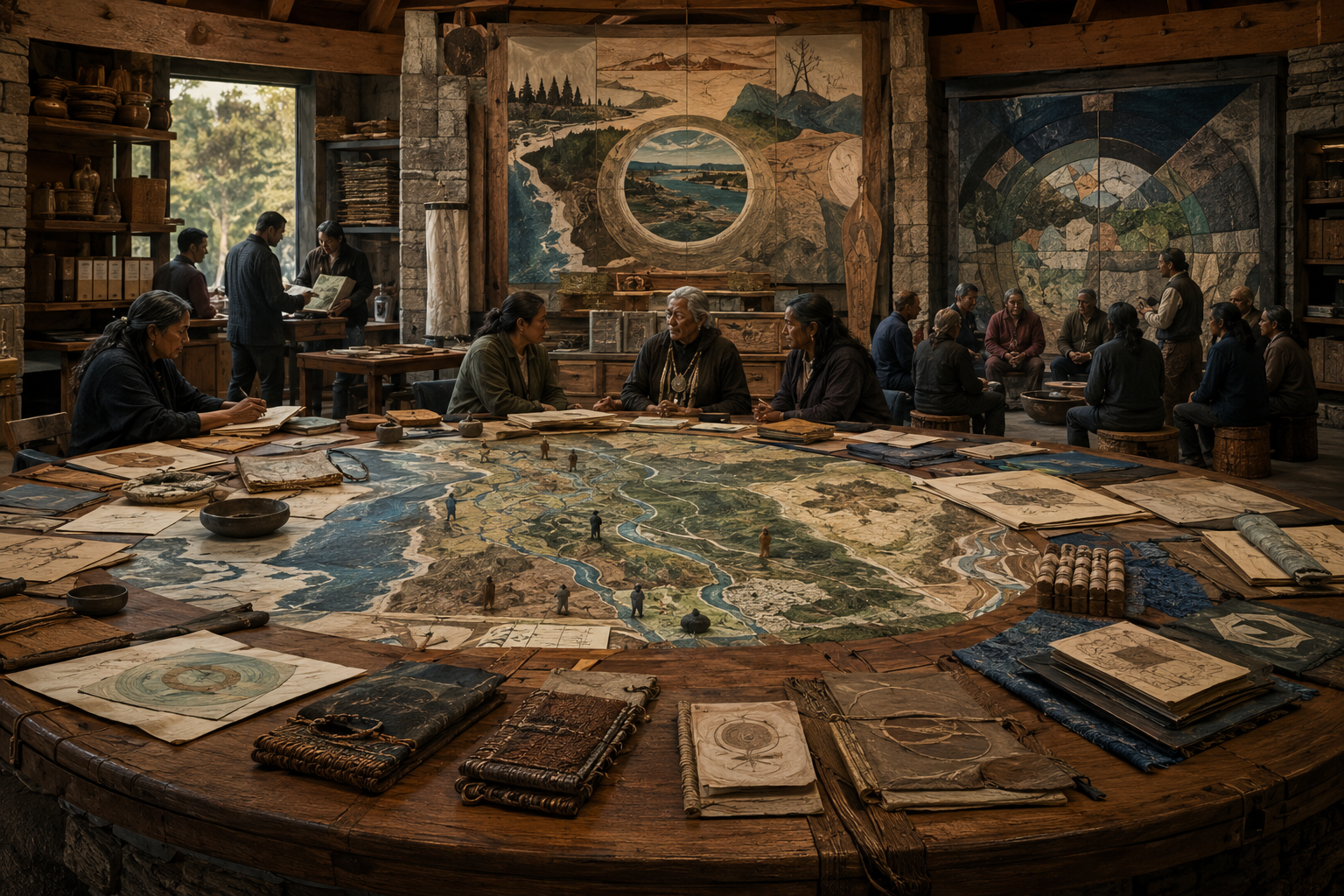 Editorial illustration of customary and Indigenous legal orders shown through a circular council table, layered land maps, treaty records, archival folders, ecological stewardship materials, community deliberation, and land-based governance imagery.