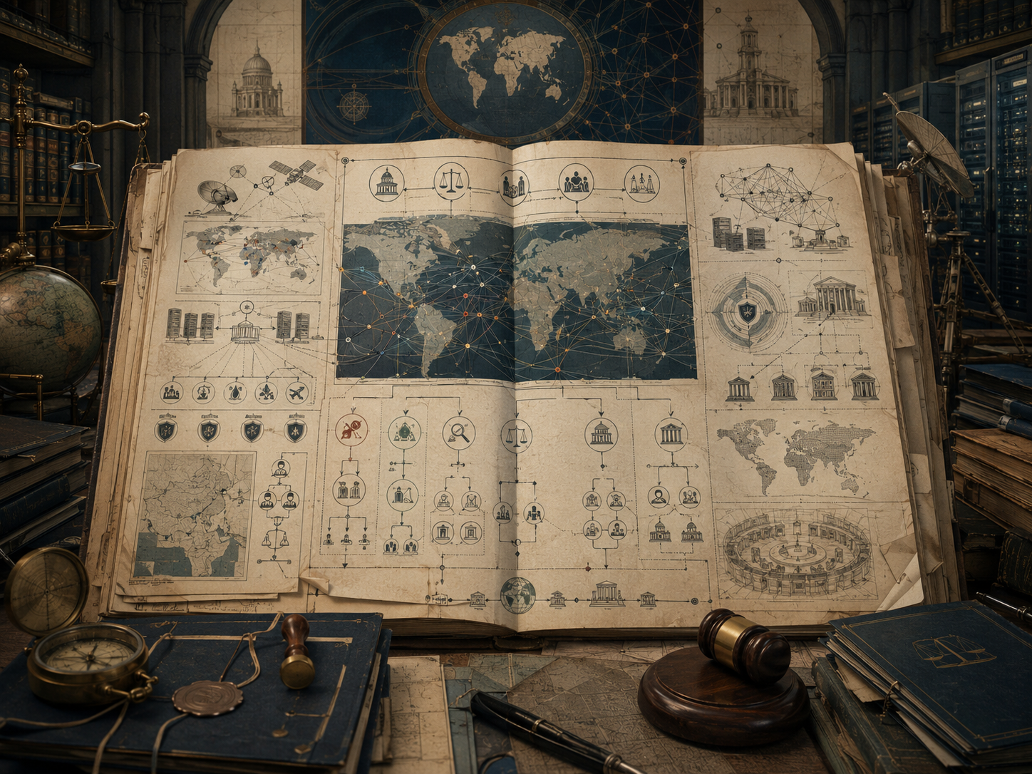 Scholarly illustration of a cyber law archive with global network maps, digital infrastructure diagrams, legal institutions, jurisdictional pathways, scales, a gavel, servers, satellites, and treaty files.
