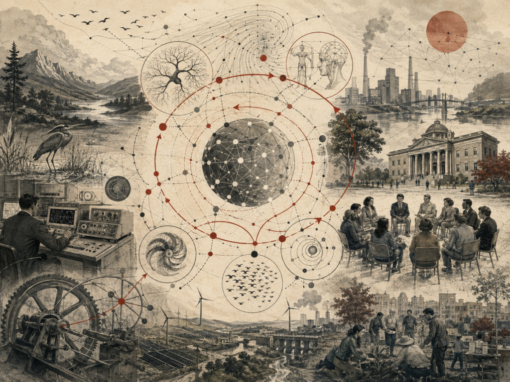 Scholarly systems-thinking illustration of cybernetic feedback, general systems theory, ecological systems, mechanical control, civic institutions, social learning, networks, and circular causal pathways.
