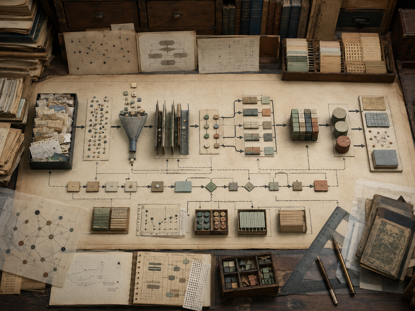 A restrained scholarly illustration of a vintage research workspace with a data-flow pipeline, filtering stages, transformation modules, branching workflow paths, storage blocks, notebooks, punched cards, rulers, and archival tools representing data pipelines and algorithmic workflow design.