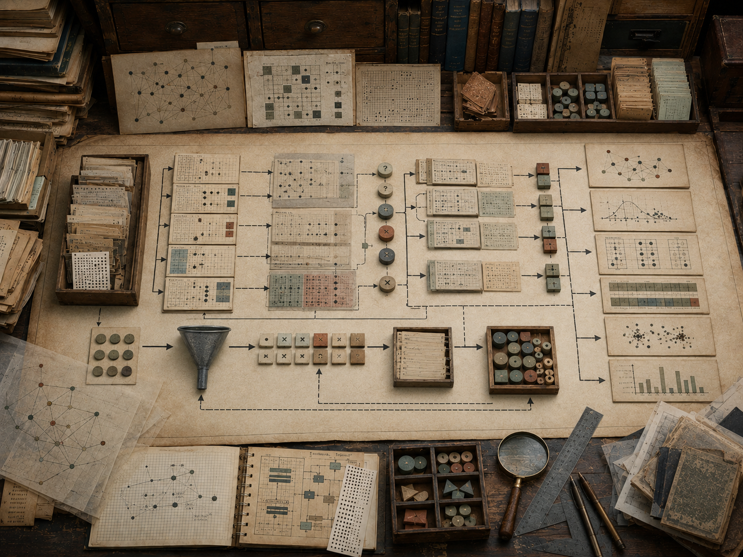 A restrained scholarly illustration of a vintage data analysis workspace with incomplete grids, missing-value markers, filtering pathways, decision tokens, notebooks, archival cards, rulers, and analytical tools representing data quality and computational judgment.