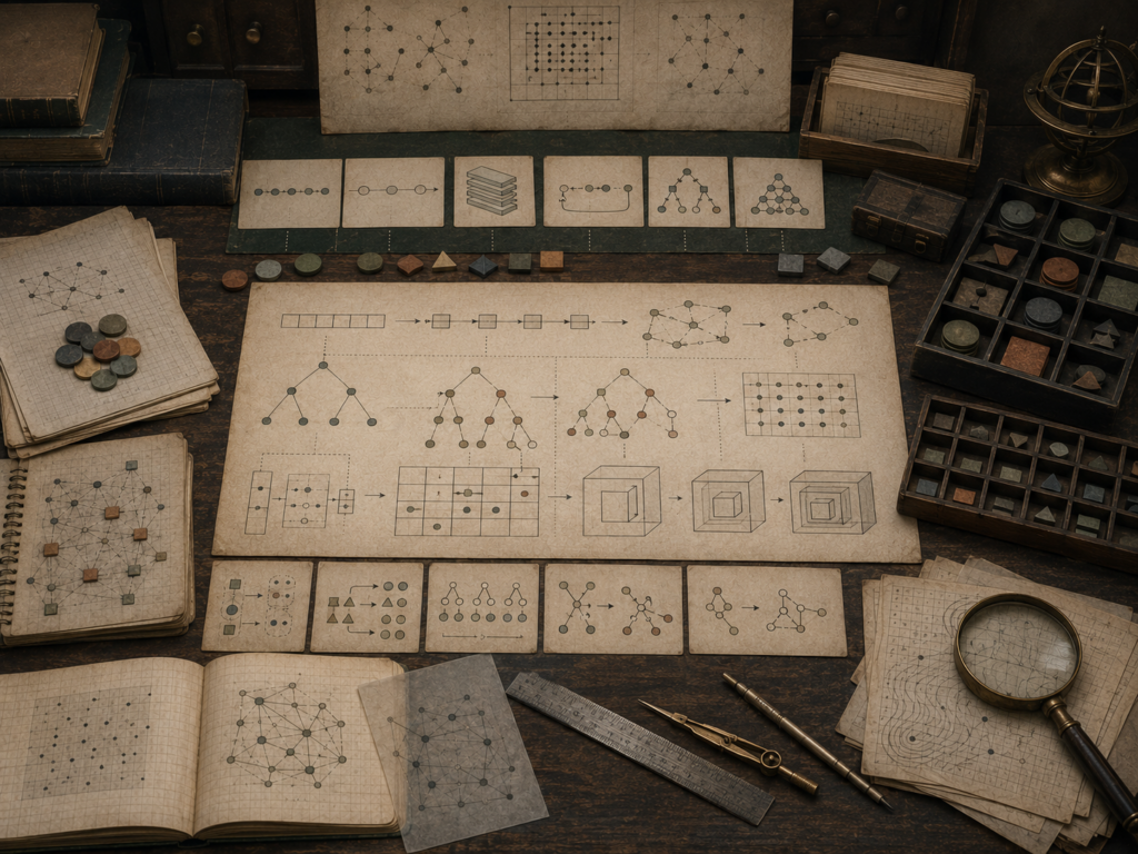 A restrained scholarly illustration of a vintage research desk covered with diagrams of lists, stacks, trees, graphs, grids, arrays, nested boxes, symbolic tiles, notebooks, rulers, and archival papers representing data structures as tools for thought.