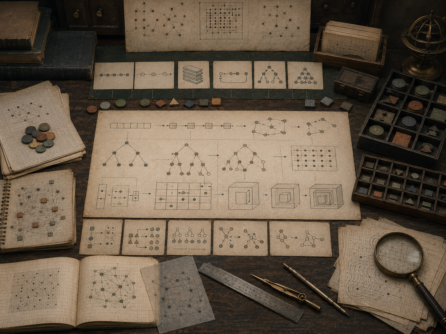 A restrained scholarly illustration of a vintage research desk covered with diagrams of lists, stacks, trees, graphs, grids, arrays, nested boxes, symbolic tiles, notebooks, rulers, and archival papers representing data structures as tools for thought.