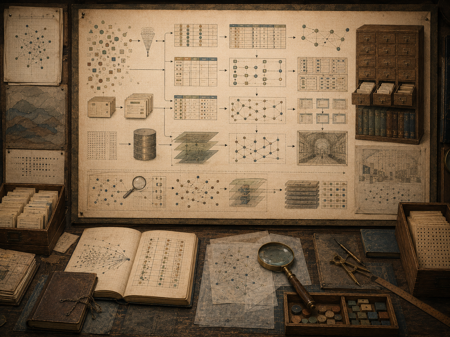 A restrained scholarly illustration of a vintage research workspace with archival drawers, relational tables, linked records, graph structures, index cards, notebooks, rulers, and drafting tools representing databases as computational knowledge systems.
