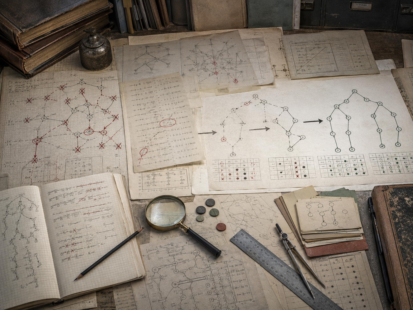 A restrained scholarly illustration of a vintage research desk covered with revised diagrams, crossed-out nodes, marked pathways, notebooks, graph papers, magnifying glass, rulers, and drafting tools representing debugging as structured computational reasoning.