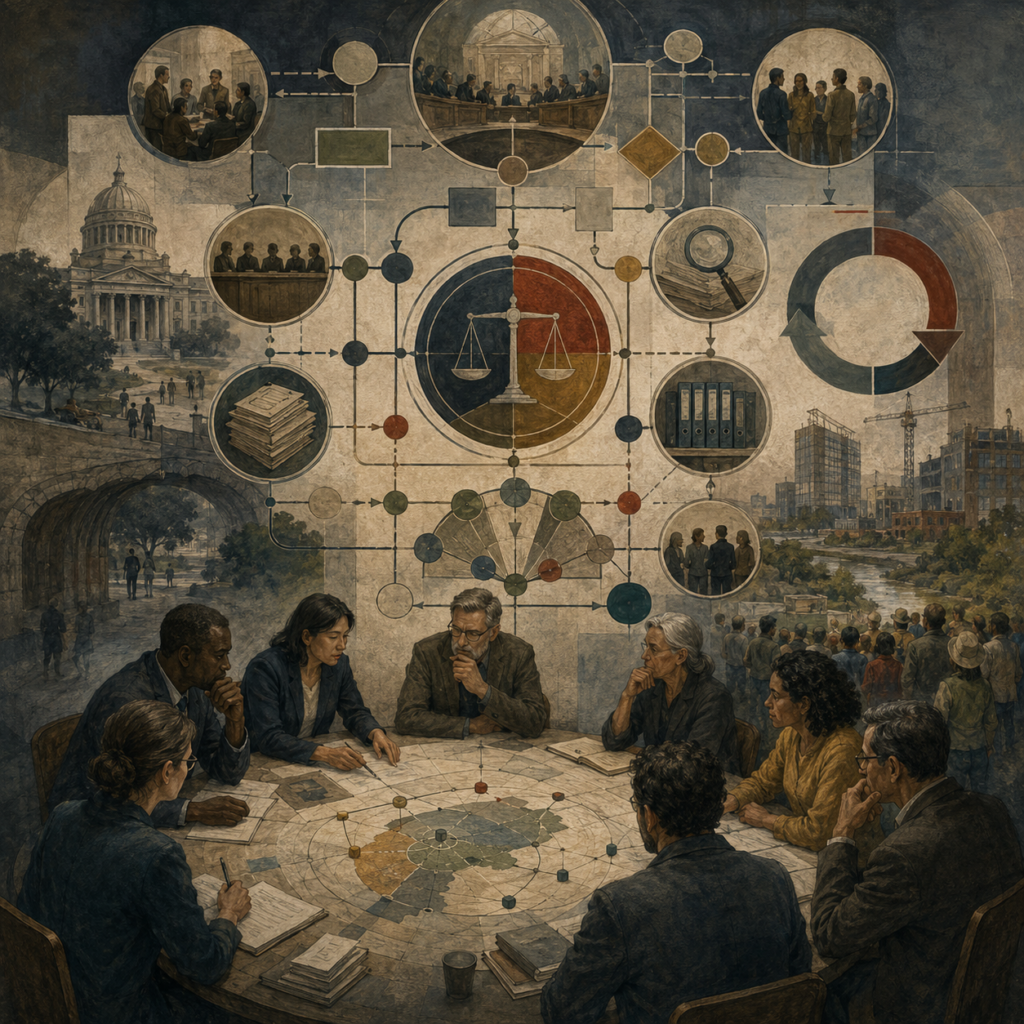 Painterly editorial illustration of decision governance with institutional deliberation, accountability systems, public records, review processes, civic structures, stakeholder groups, and decision networks.
