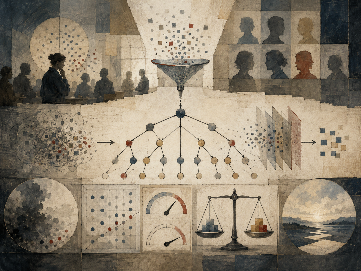 Painterly editorial illustration of decision hygiene with evidence filtering, structured choice pathways, bias reduction, calibration gauges, tradeoff scales, social silhouettes, and clearer outcomes.