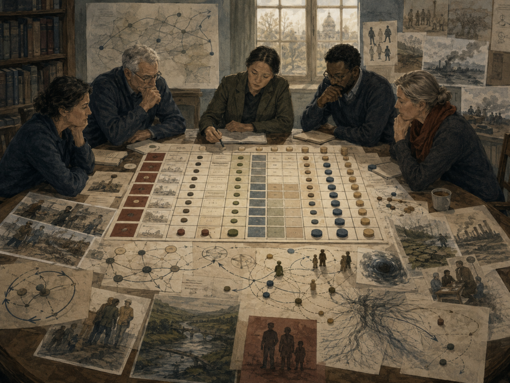 Researchers examine a decision matrix surrounded by systems maps, stakeholder scenes, uncertainty markers, and consequence pathways on a large planning table.
