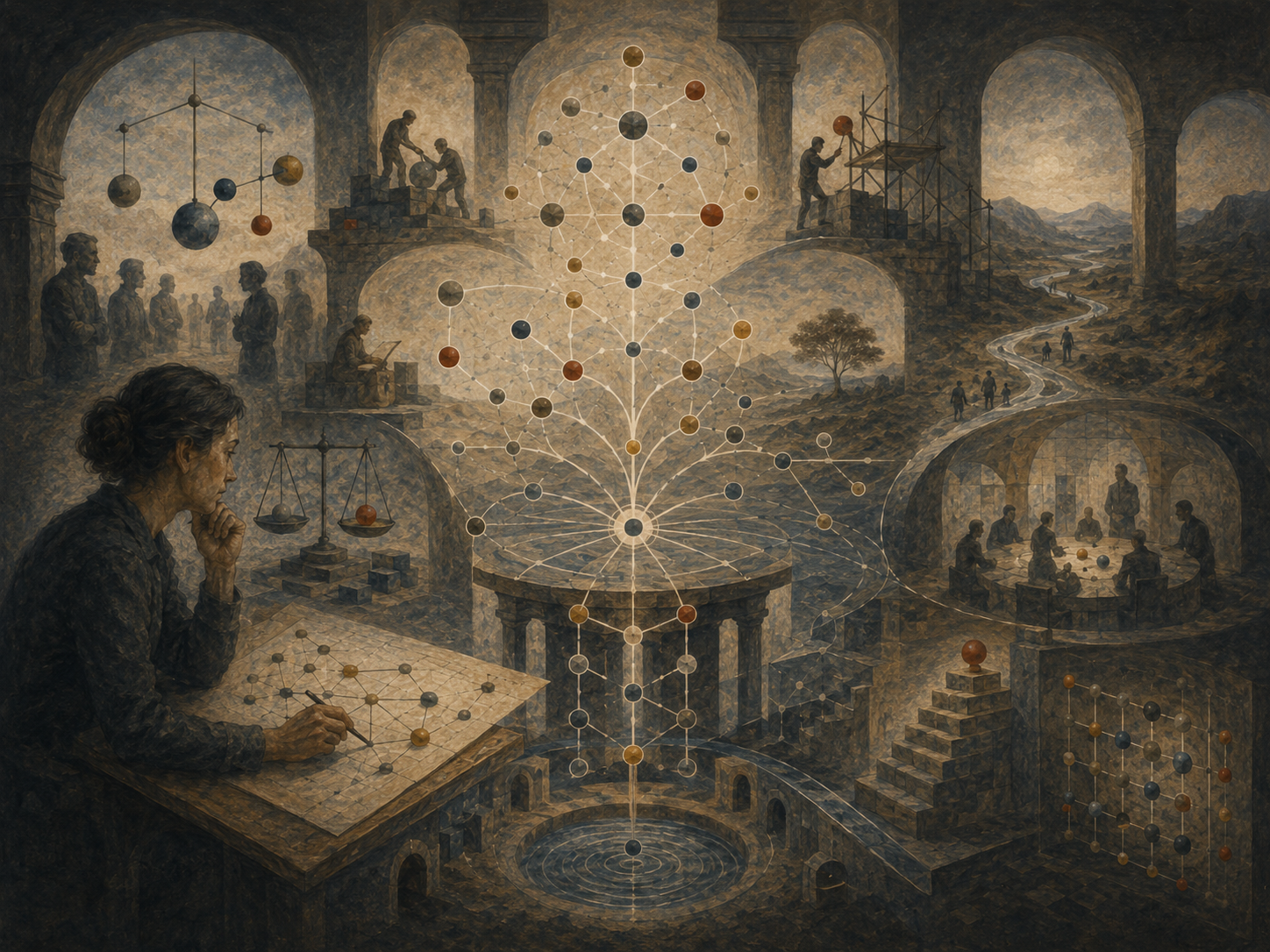 Painterly editorial illustration of decision quality as an architectural judgment system with branching nodes, arches, scaffolds, tradeoff balances, evidence structures, human deliberation, and ripple effects.