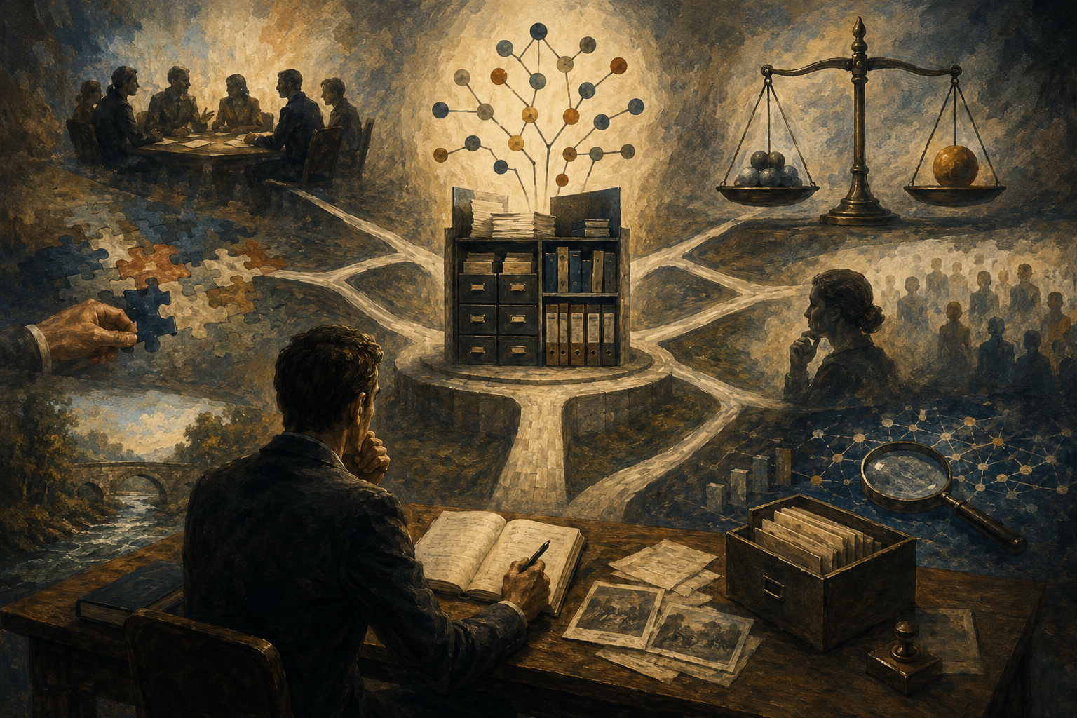 Painterly editorial illustration of accountable decision-making with a figure documenting choices, central archives, branching pathways, tradeoff scales, evidence fragments, group deliberation, and review structures.