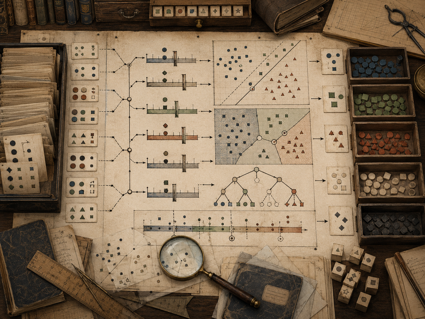 Scholarly editorial illustration of decision rules, thresholds, and classification, showing branching decision paths, cutoff lines, score sheets, class boundaries, confusion matrices, review folders, eligibility rules, audit records, and governance review materials.