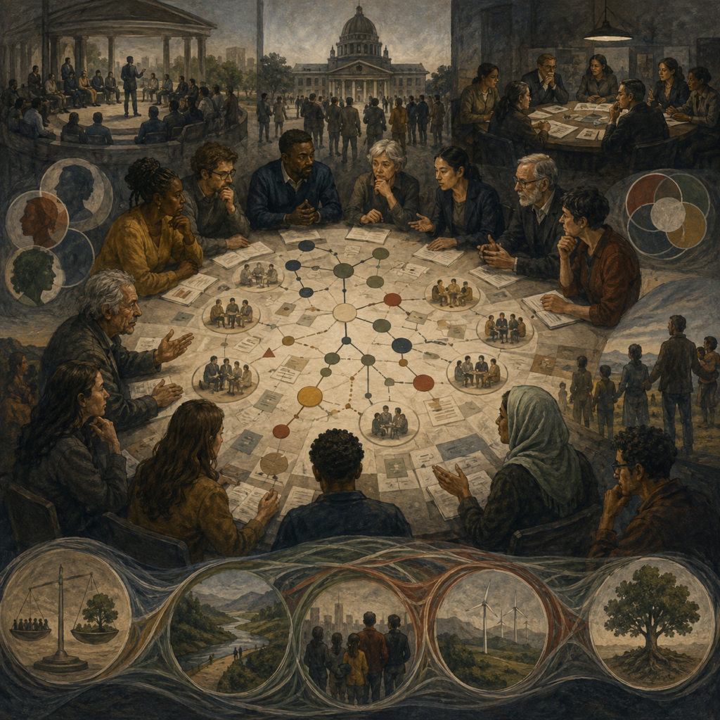 Painterly editorial illustration of democratic public reasoning with diverse citizens, deliberative forums, civic institutions, shared evidence, decision networks, public values, and long-term social consequences