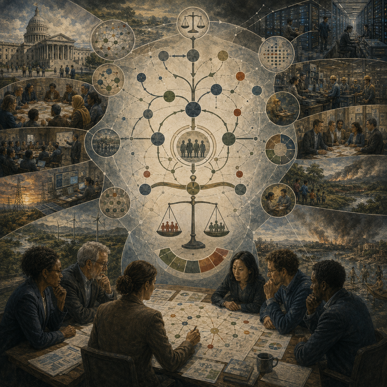 Painterly editorial illustration of AI governance with decision-makers, civic institutions, data systems, infrastructure, public values, tradeoff scales, and interconnected accountability networks.