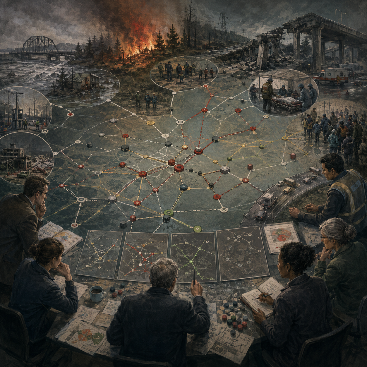 Painterly editorial illustration of crisis management with response teams studying emergency networks, damaged infrastructure, wildfire, flooding, medical response, evacuation routes, and cascading risk.