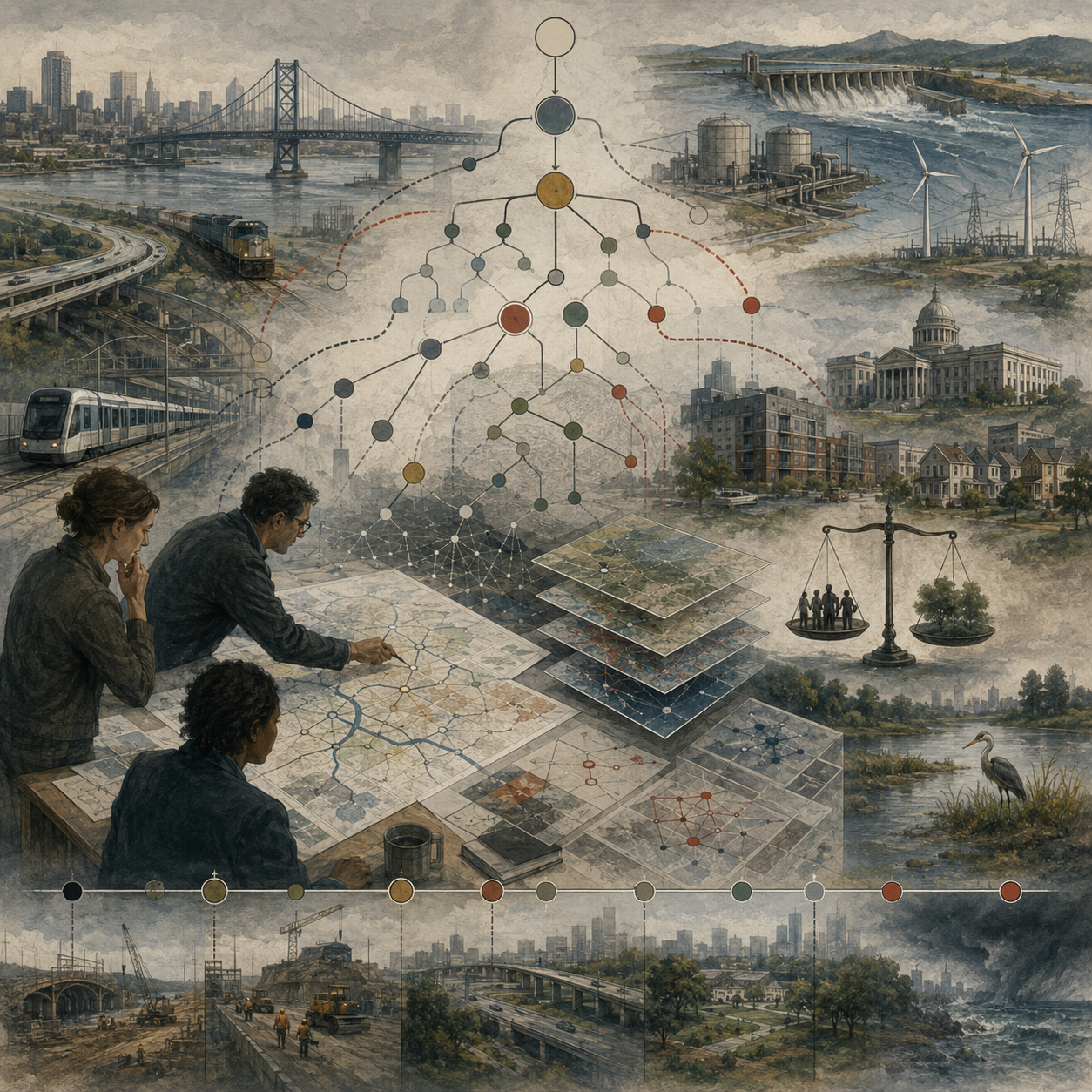 Painterly editorial illustration of infrastructure planning with analysts studying transportation, energy, water systems, civic institutions, layered maps, tradeoff scales, and environmental risk.