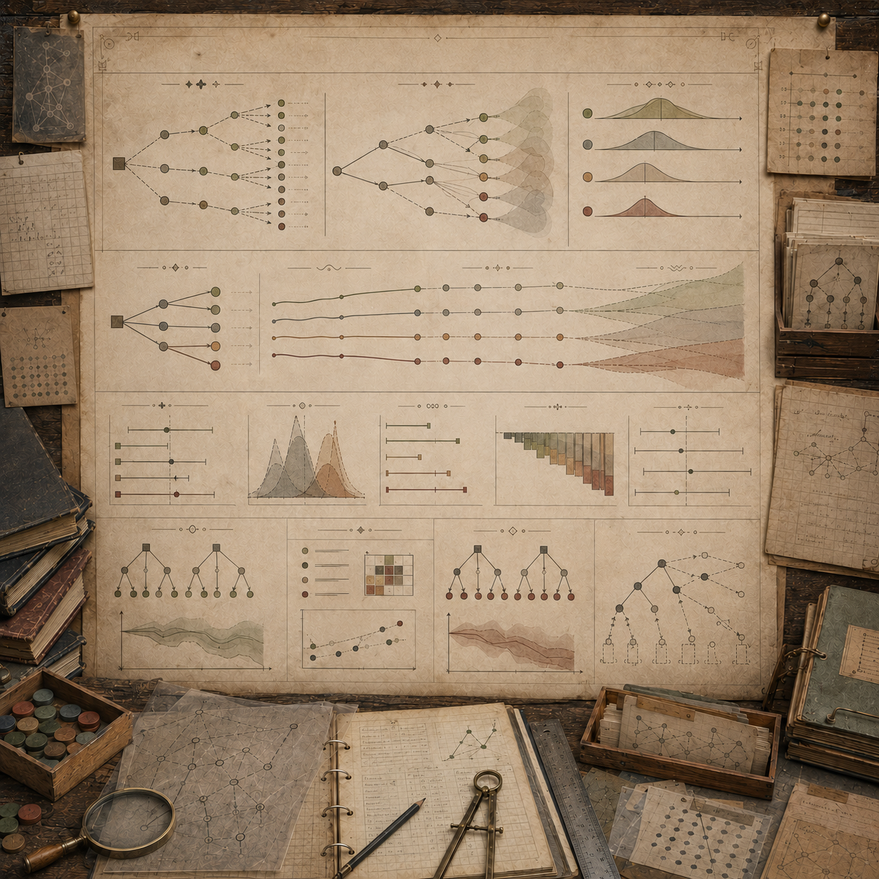 A restrained scholarly illustration of a vintage research workspace with branching decision paths, probability distributions, risk bands, uncertainty ranges, outcome trees, notebooks, archival papers, rulers, and analytical tools representing computational risk.