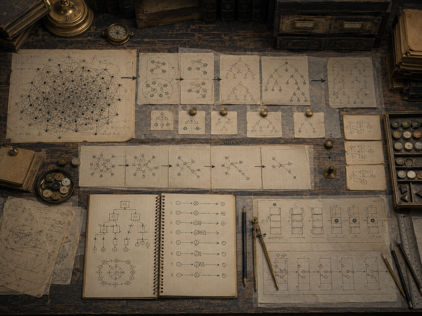A restrained scholarly illustration of a vintage research desk showing a dense network diagram being broken into smaller diagrams, ordered steps, flow sequences, and modular reasoning structures.