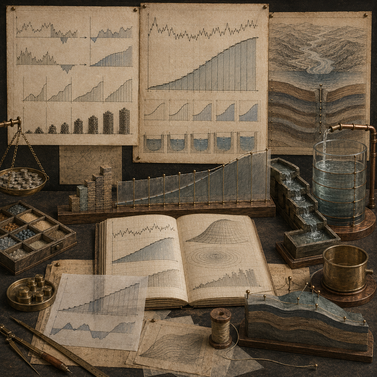 Archival systems modeling workspace with shaded area graphs, cumulative bars, flowing water, reservoir levels, layered sediment diagrams, balances, notebooks, and drafting tools representing definite integrals and total change.