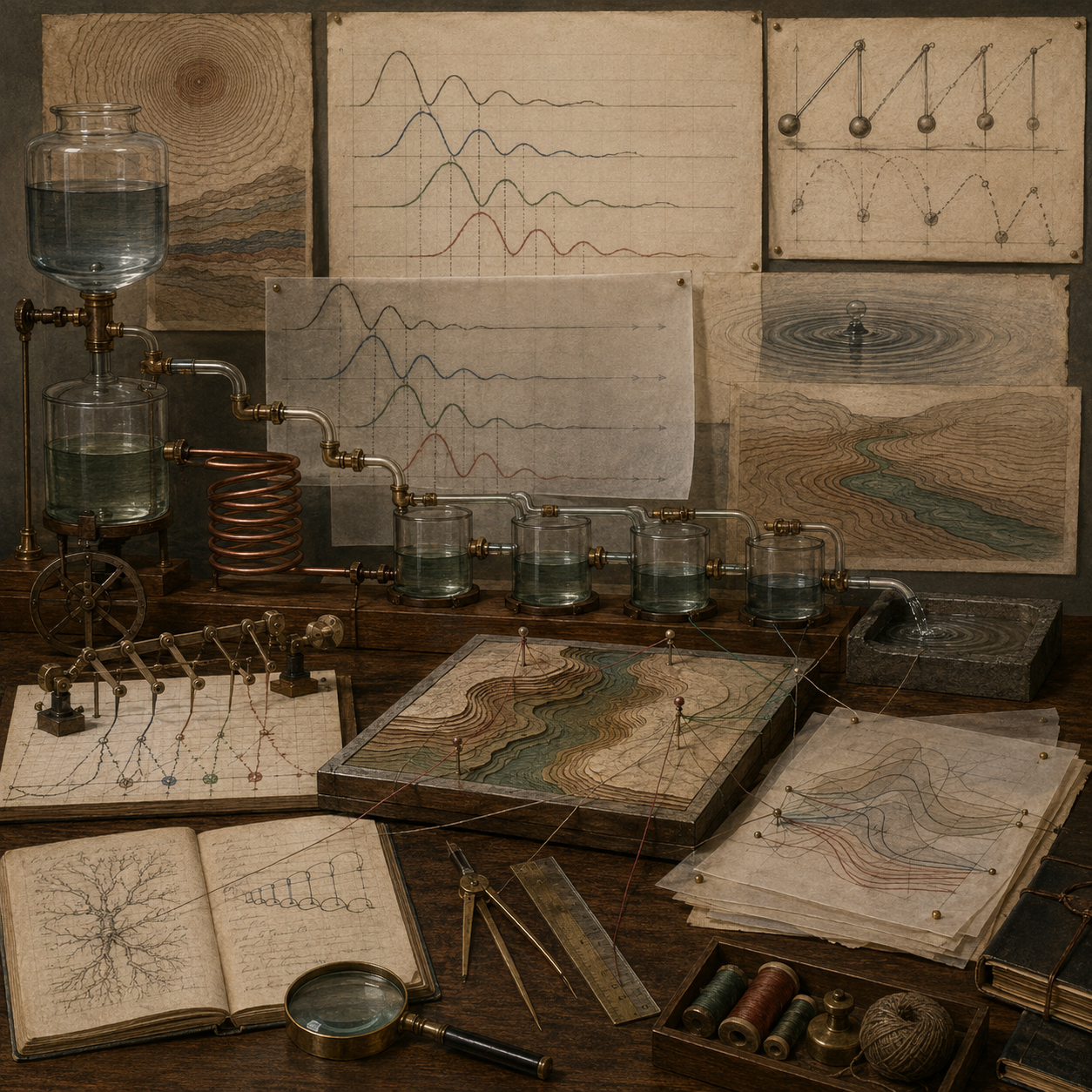 Archival systems modeling workspace with linked reservoirs, delayed water flows, oscillation traces, pendulum diagrams, ripple patterns, landscape layers, notebooks, and drafting tools representing delay, memory, and time-lagged dynamics.