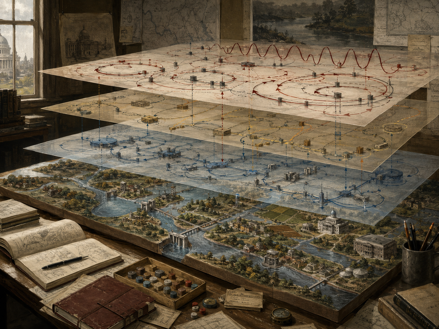 Layered systems model on a research table with mapped landscapes, feedback loops, delayed pathways, oscillating wave patterns, infrastructure, waterways, policy institutions, and analytical notebooks.