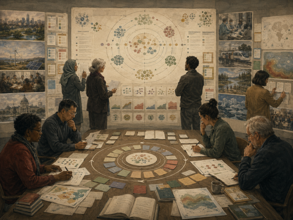 Experts review anonymous foresight inputs, consensus diagrams, and iterative judgments across civic, ecological, technological, and institutional systems.