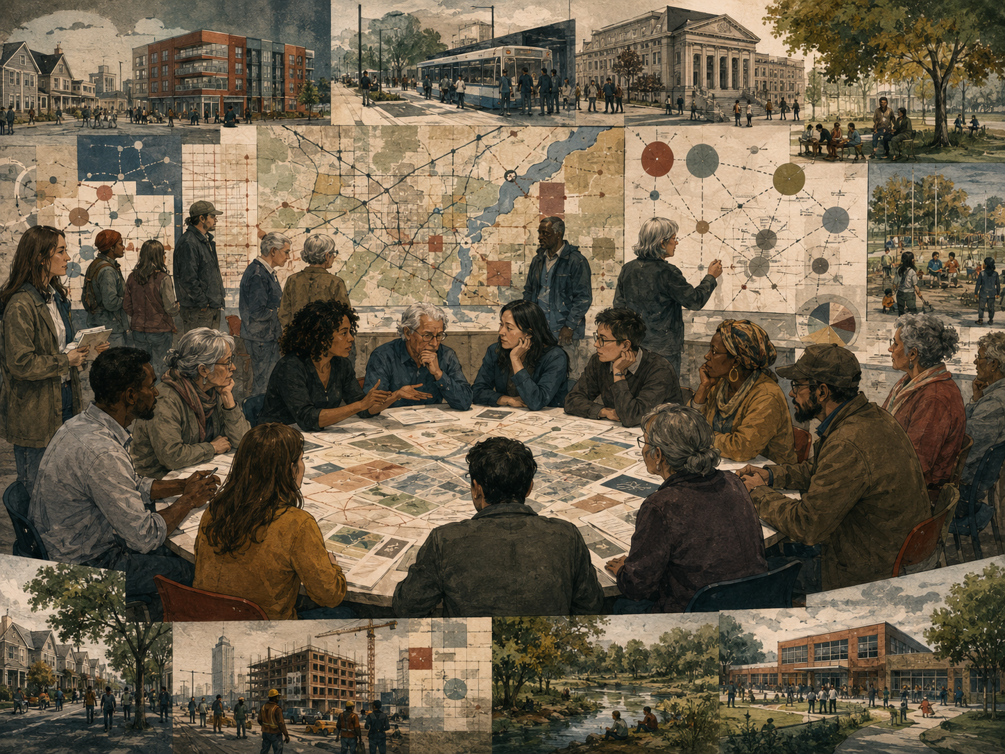 A diverse community group participates in democratic futures planning through neighborhood maps, public institutions, civic dialogue, infrastructure, and shared decision-making.