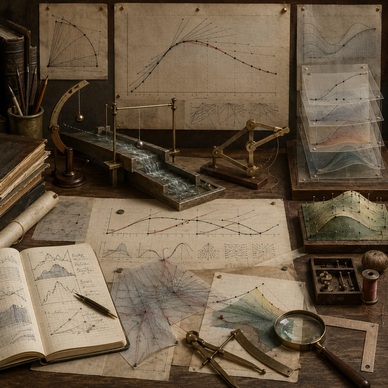 Vintage scholarly workspace with tangent-line diagrams, changing curves, flowing water, mechanical linkages, notebooks, transparent overlays, and drafting tools representing derivatives and rates of change.