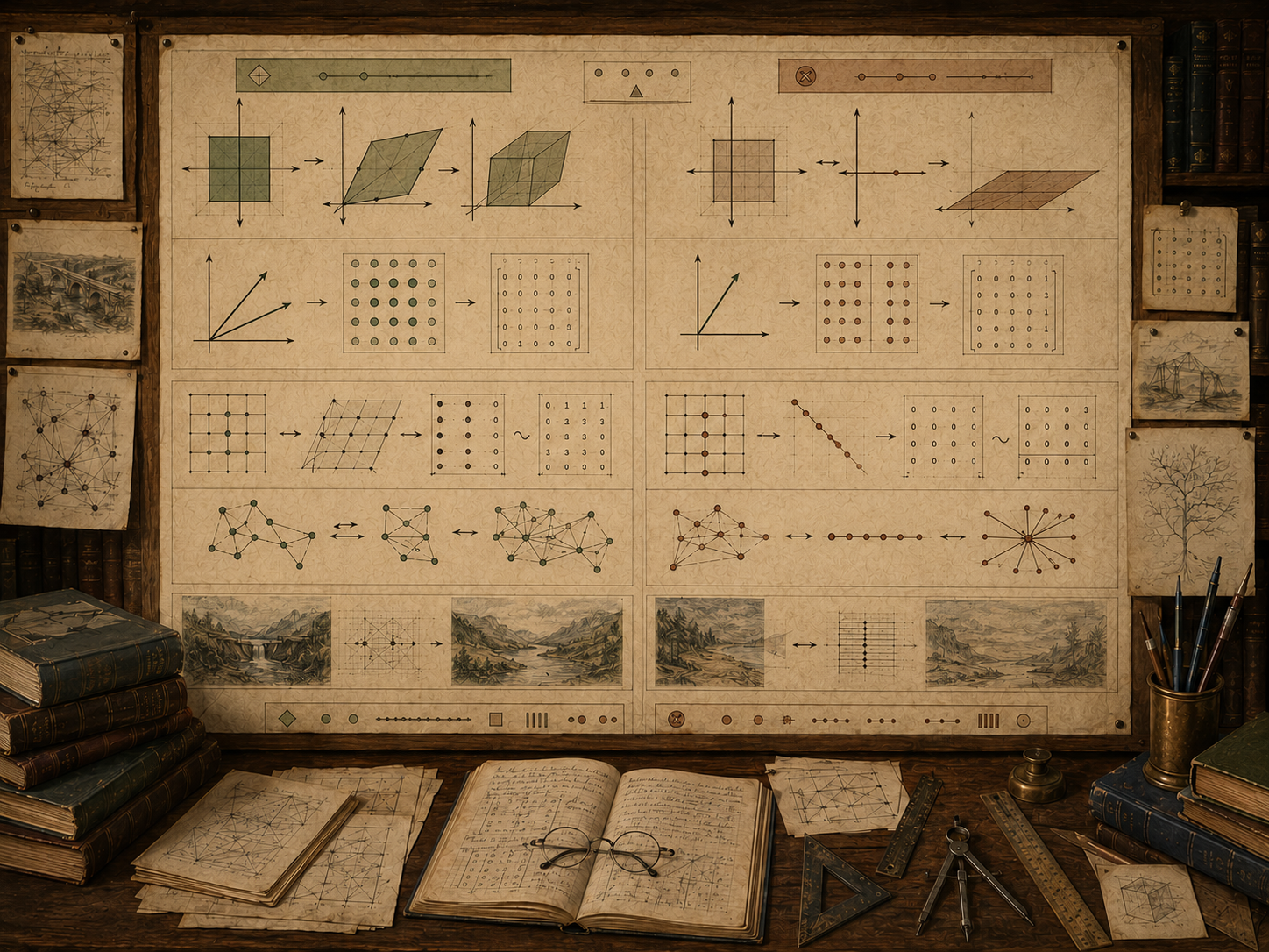 Vintage mathematical workspace with transformation grids, matrices, parallelograms, cubes, flattened spaces, networks, books, and drafting tools.