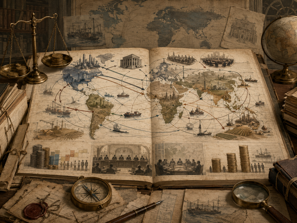 Scholarly illustration of an international economic law archive with a global trade map, unequal development pathways, infrastructure, commodity routes, legal institutions, scales, maps, and financial diagrams.