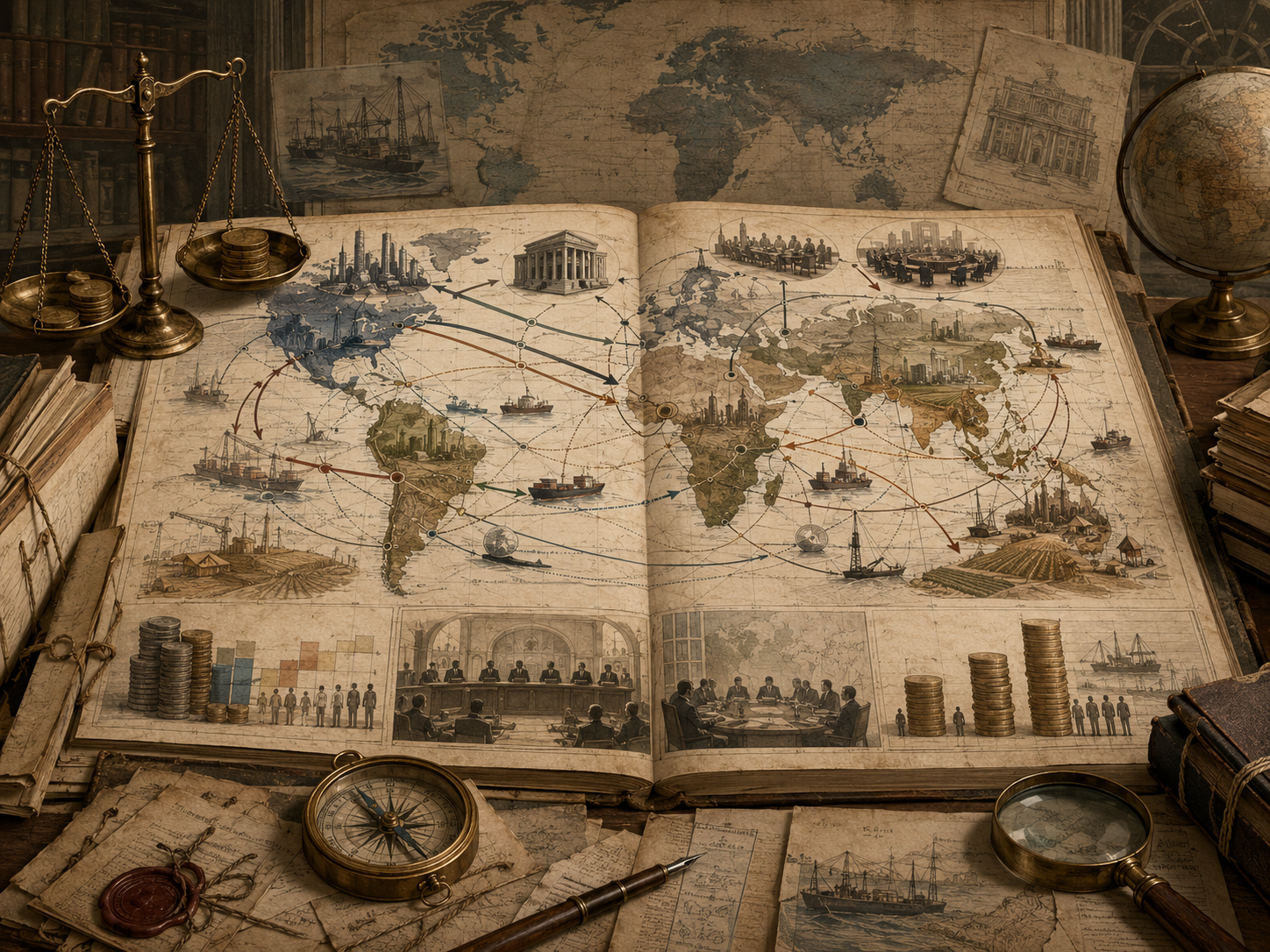 Scholarly illustration of an international economic law archive with a global trade map, unequal development pathways, infrastructure, commodity routes, legal institutions, scales, maps, and financial diagrams.