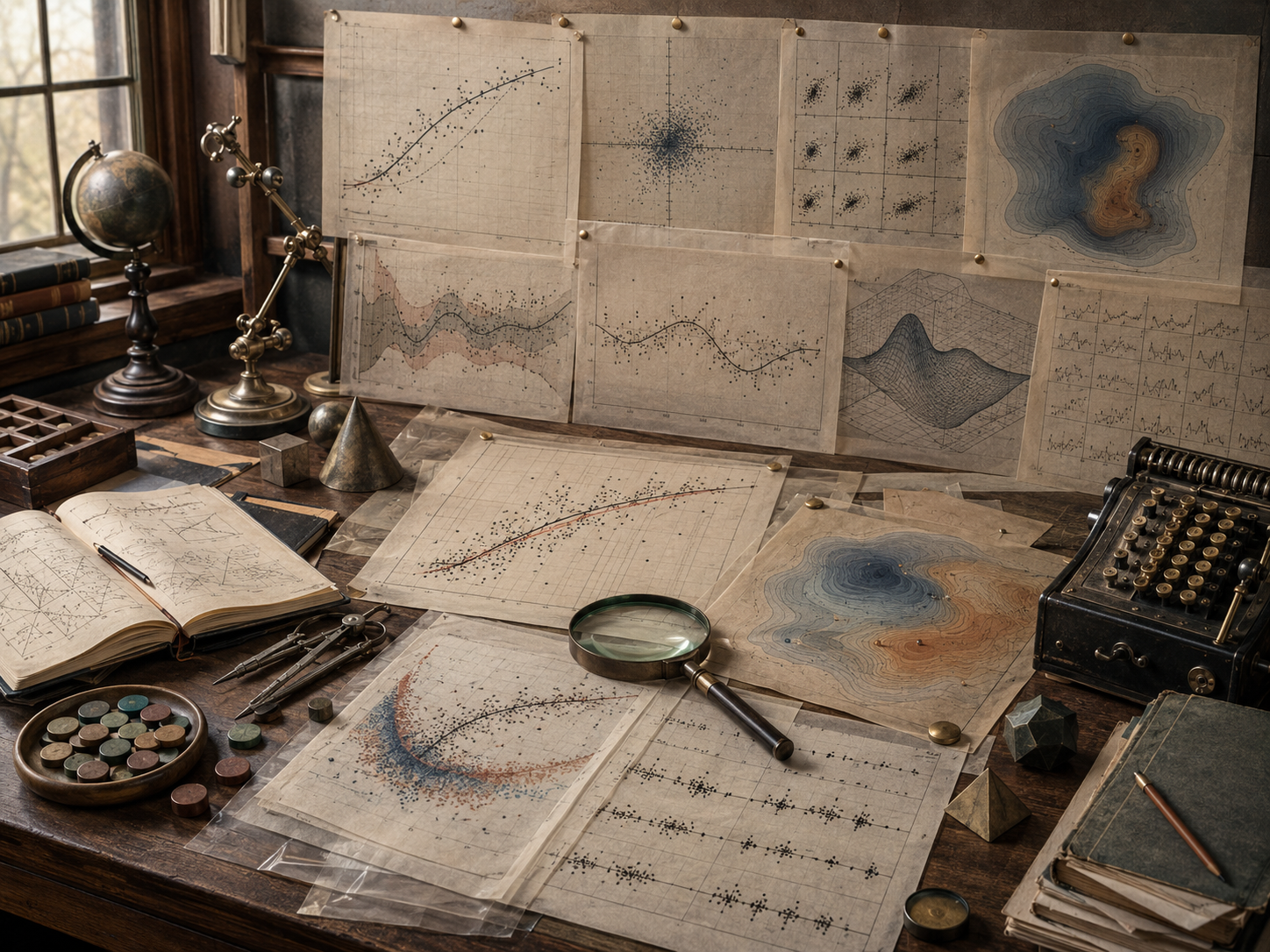 Editorial illustration of a scholarly modeling desk with fitted curves, residual plots, error surfaces, diagnostic scatter patterns, uncertainty bands, and analog research tools.