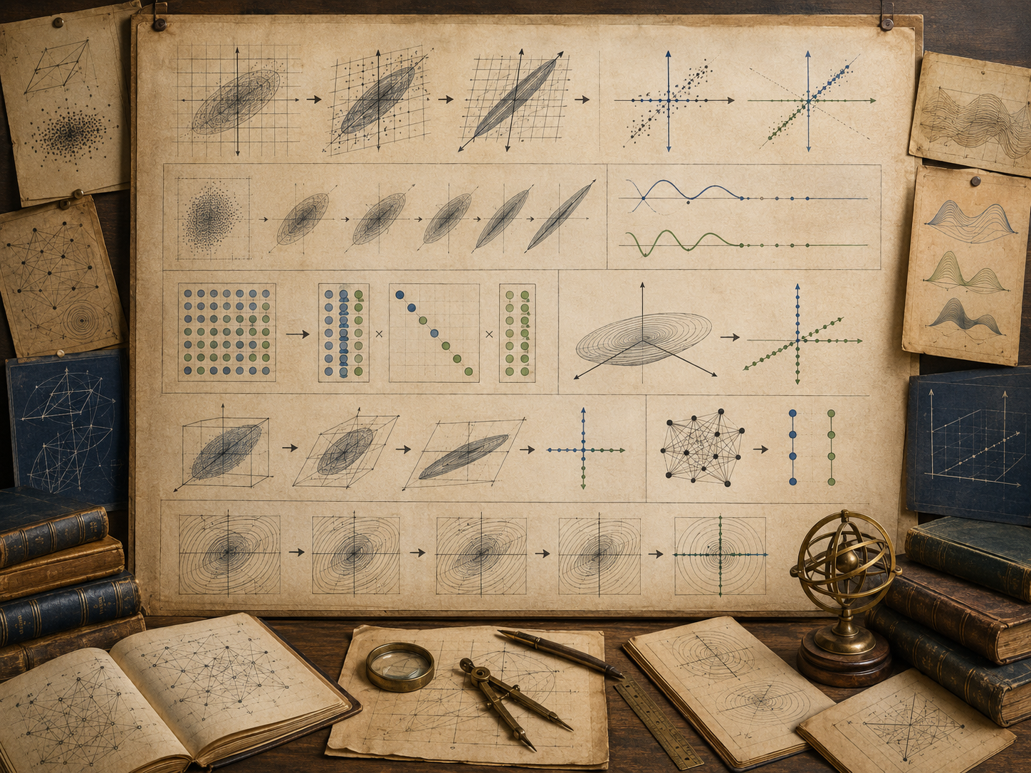 Vintage mathematical workspace with repeated transformation diagrams, aligned axes, matrix-like arrays, evolving point clouds, oscillation sketches, books, and drafting tools.