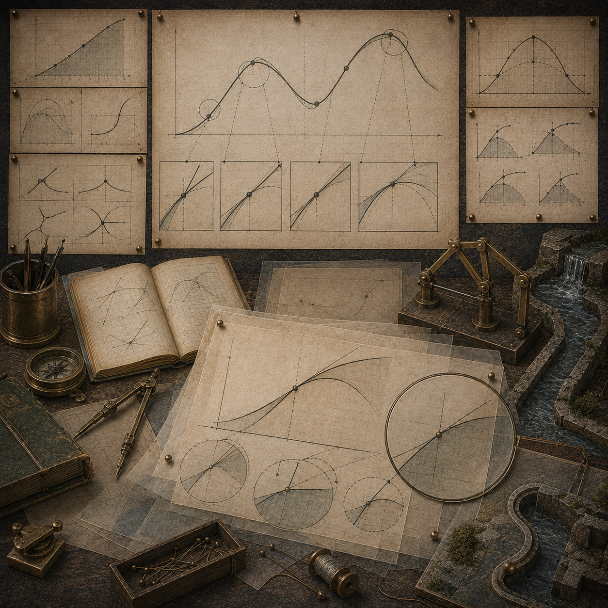 Archival mathematical workspace with tangent-line diagrams, zoomed curve details, slope constructions, notebooks, drafting tools, mechanical linkages, and flowing water representing differentiability and local behavior.