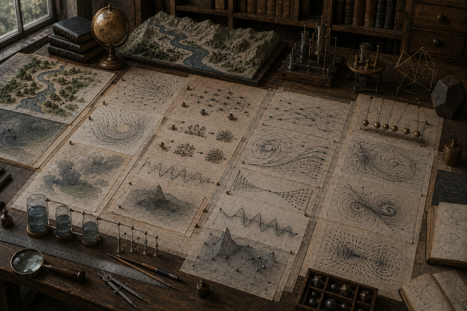 Editorial illustration of a scholarly modeling workspace with river systems, reservoirs, oscillating curves, phase portraits, vector fields, and dynamic system diagrams.