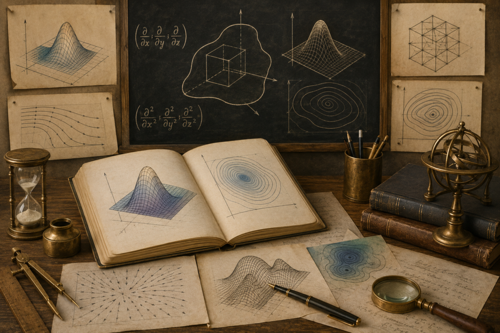 Vintage mathematical study with surface plots, contour diagrams, vector fields, open notebooks, brass instruments, and drafting tools representing diffusion, transport, and spatial dynamics.