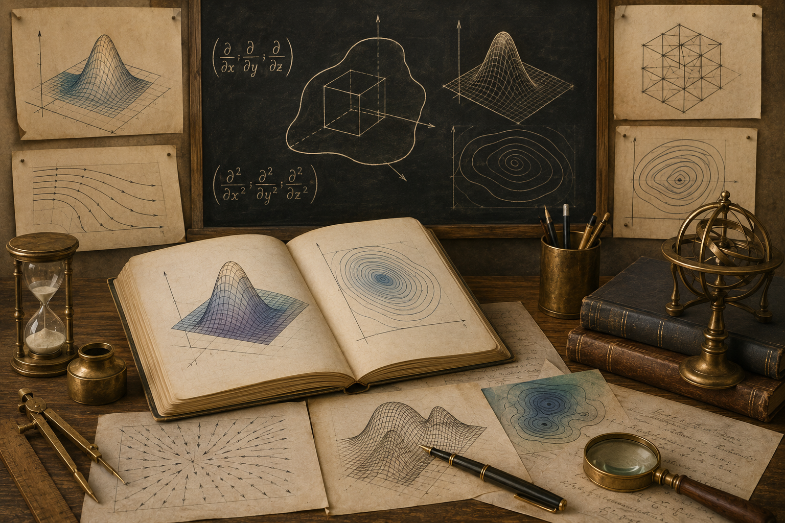 Vintage mathematical study with surface plots, contour diagrams, vector fields, open notebooks, brass instruments, and drafting tools representing diffusion, transport, and spatial dynamics.