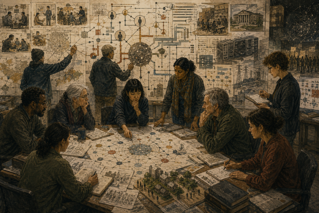 A diverse civic research group maps digital platform systems through networks, governance flows, public institutions, archives, infrastructure, and community relationships.