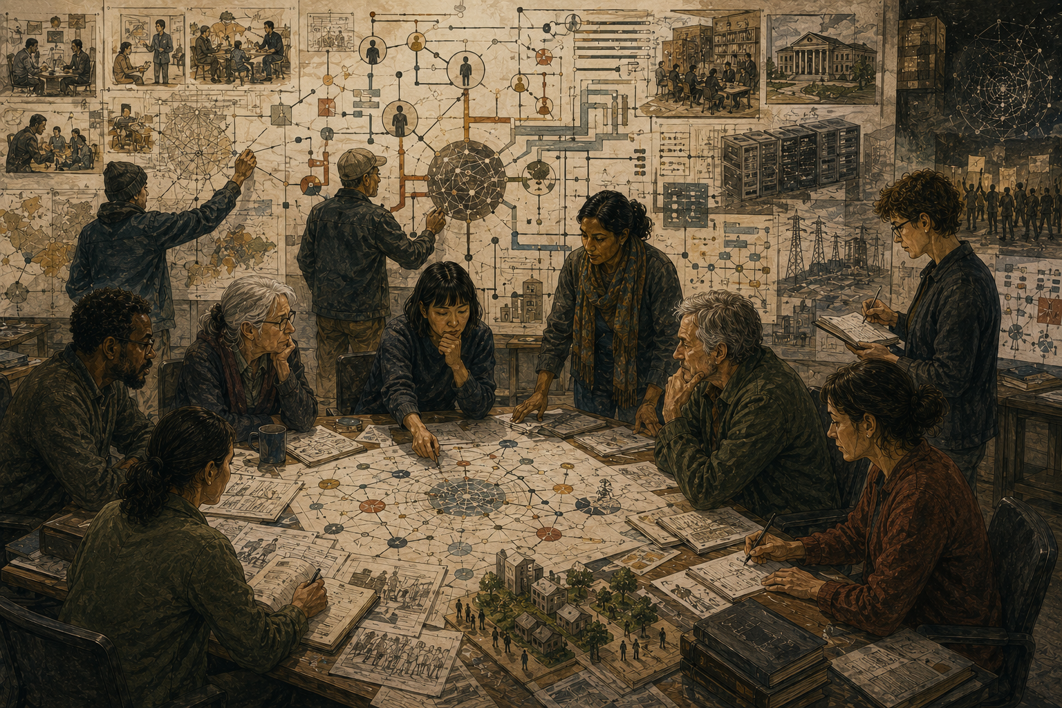 A diverse civic research group maps digital platform systems through networks, governance flows, public institutions, archives, infrastructure, and community relationships.