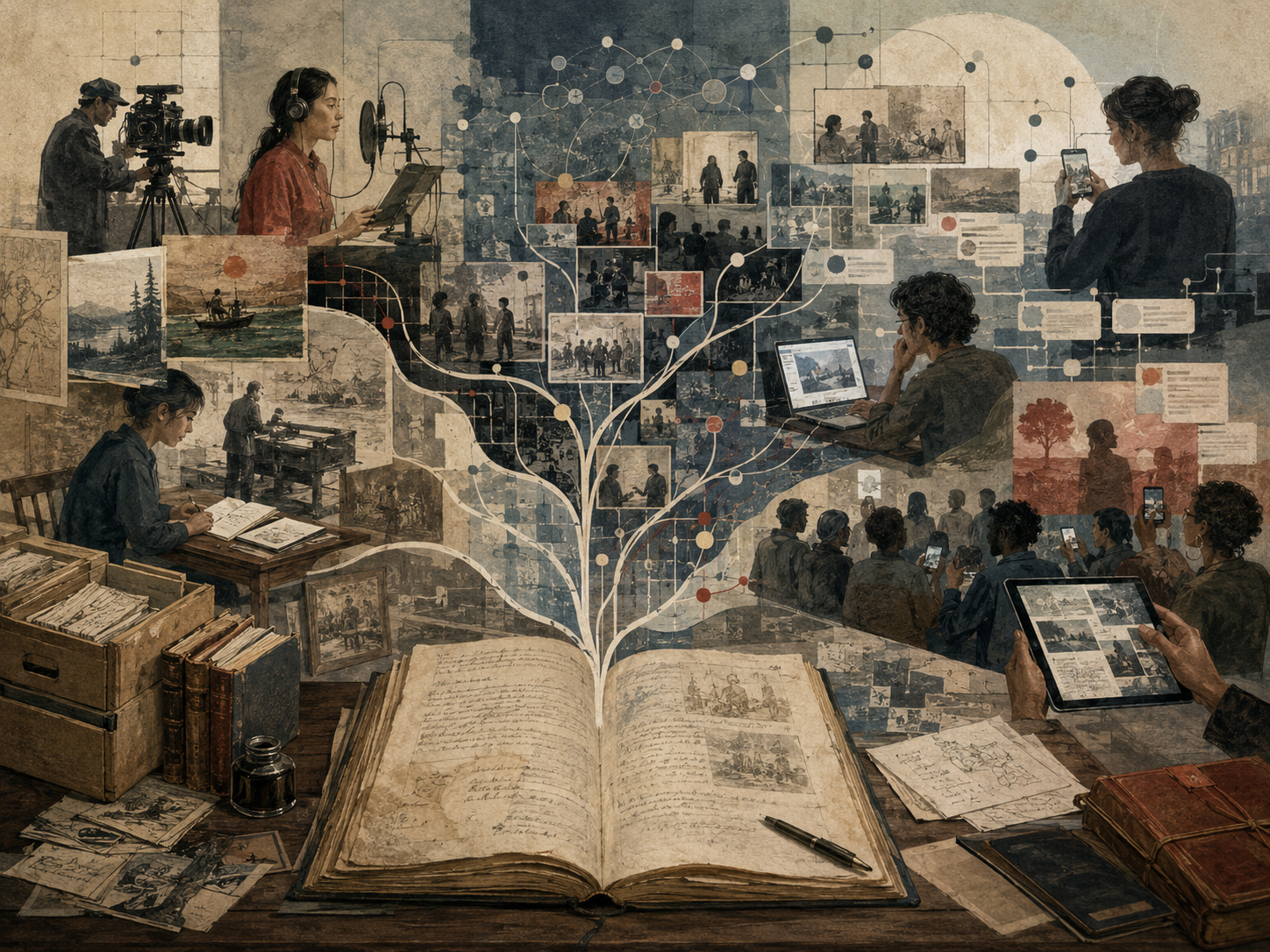 Editorial illustration of an open archival manuscript branching into creators, viewers, devices, media fragments, archives, and networked pathways of digital participation.