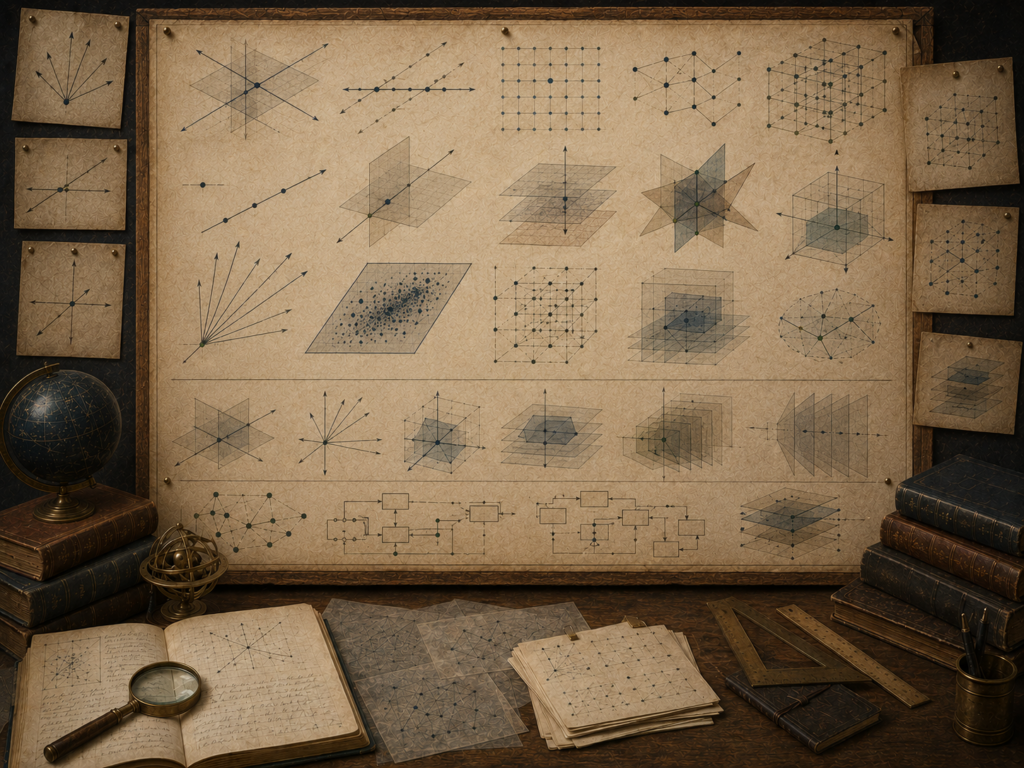 Vintage mathematical workspace with intersecting planes, solution lines, lattice grids, point clouds, vector arrows, and dimensional solution-space diagrams.
