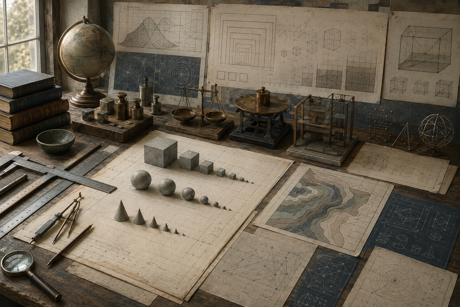 Editorial illustration of a scholarly engineering workspace with measuring tools, geometric solids, scales, grids, and drafting studies representing dimensional analysis, units, and scale.