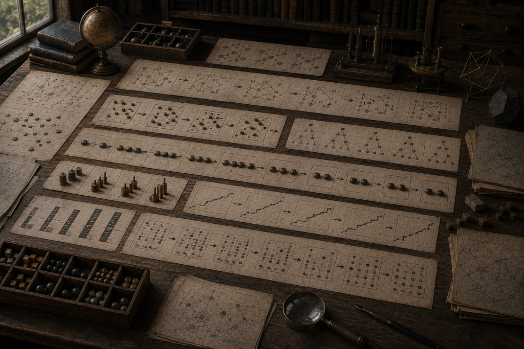 Editorial illustration of a scholarly modeling desk with sequential panels, gridded states, tokens, arrows, matrices, and network diagrams representing discrete models and recurrence relations.