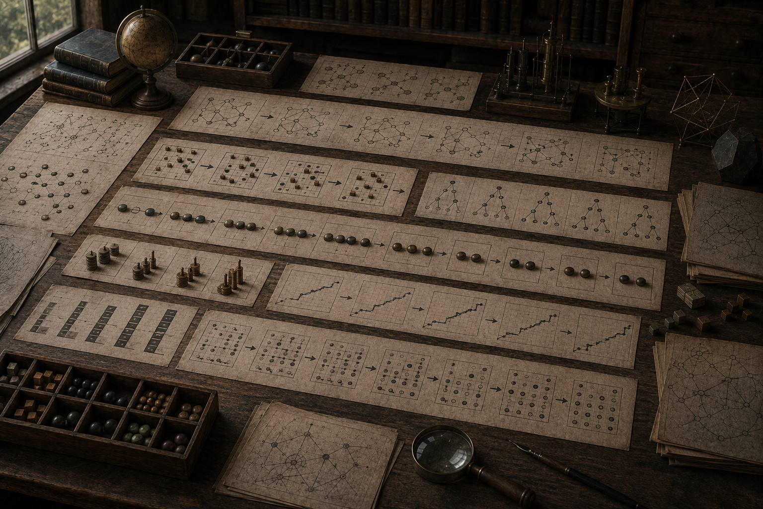 Editorial illustration of a scholarly modeling desk with sequential panels, gridded states, tokens, arrows, matrices, and network diagrams representing discrete models and recurrence relations.