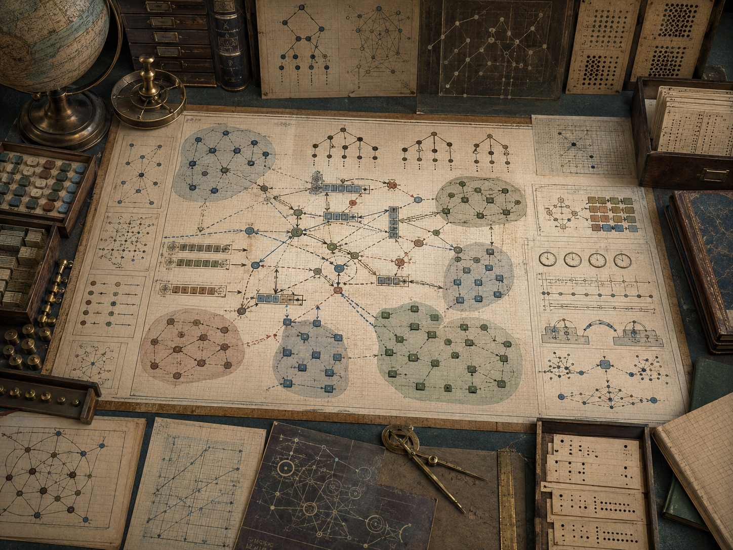 A restrained scholarly illustration of a vintage computational research workspace with distributed nodes, message-passing pathways, network diagrams, coordination patterns, notebooks, punched cards, rulers, and archival tools representing distributed algorithms and networked computation.