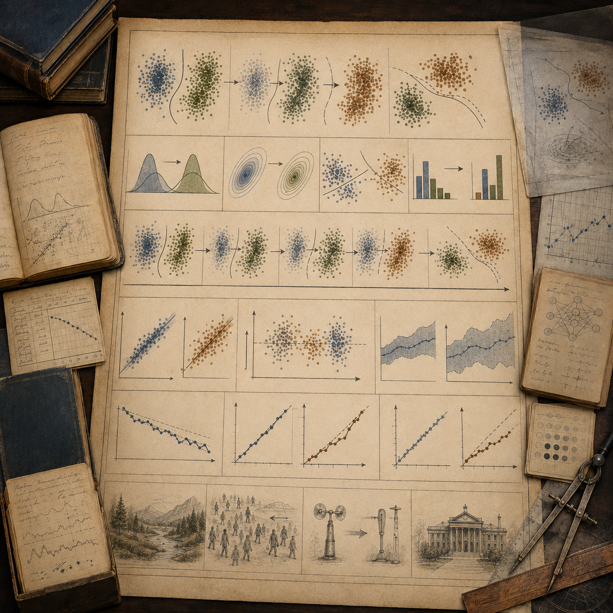 A restrained scholarly illustration of a vintage data science workspace with shifting data clusters, changing distributions, drifting boundaries, decaying model performance charts, notebooks, archival papers, rulers, and analytical tools representing distribution shift and model decay.